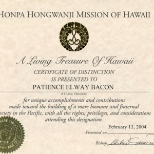 Pat Nāmaka Bacon Living Treasure of Hawaiʻi Certificate 2004.jpg